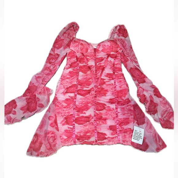 ASOS LUXE chiffon ruched corset long sleeve mini dress in pink floral - Picture 4 of 14